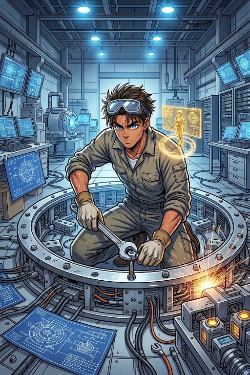 Xay Nakamura construisant la machine à voyager dans le temps, personnage principal du roman Kronos 2060